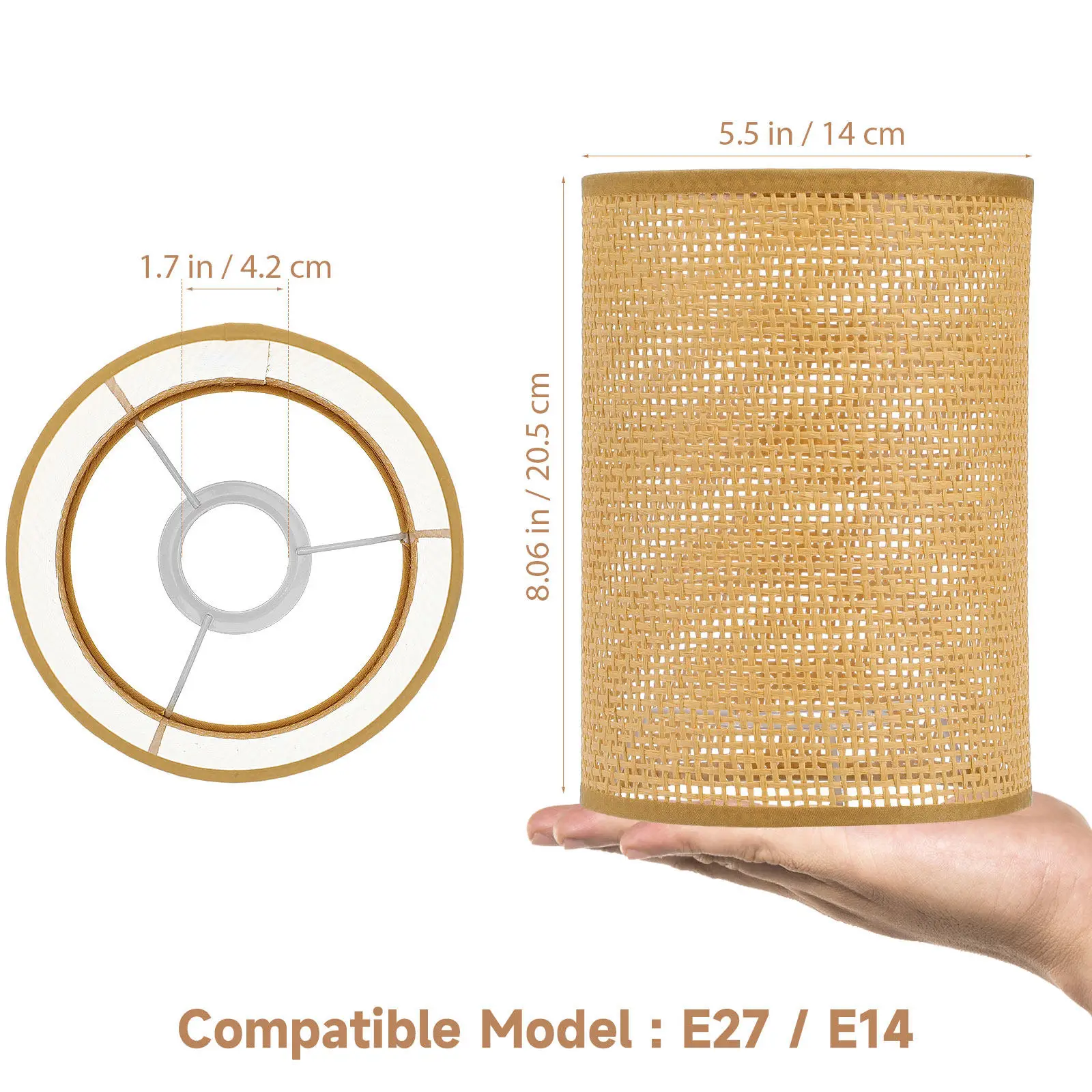 Rattan Drum Lampshade E27 Base 4.2cm for Table & Floor Lamps, Modern Bamboo Warm Light Fixture