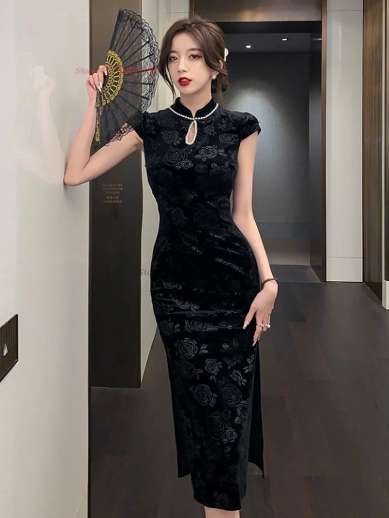 

2026 chinese improved cheongsam sexy qipao traditional embossing velvet qipao retro nightclub dress evening banquet dress qipao