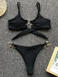 Metal Rings Bikinis Hollow Out Bikini Women Swimsuit Female Brazilian Swimwear Two Pieces Bikini Set High Cut Bathing Suit Swim