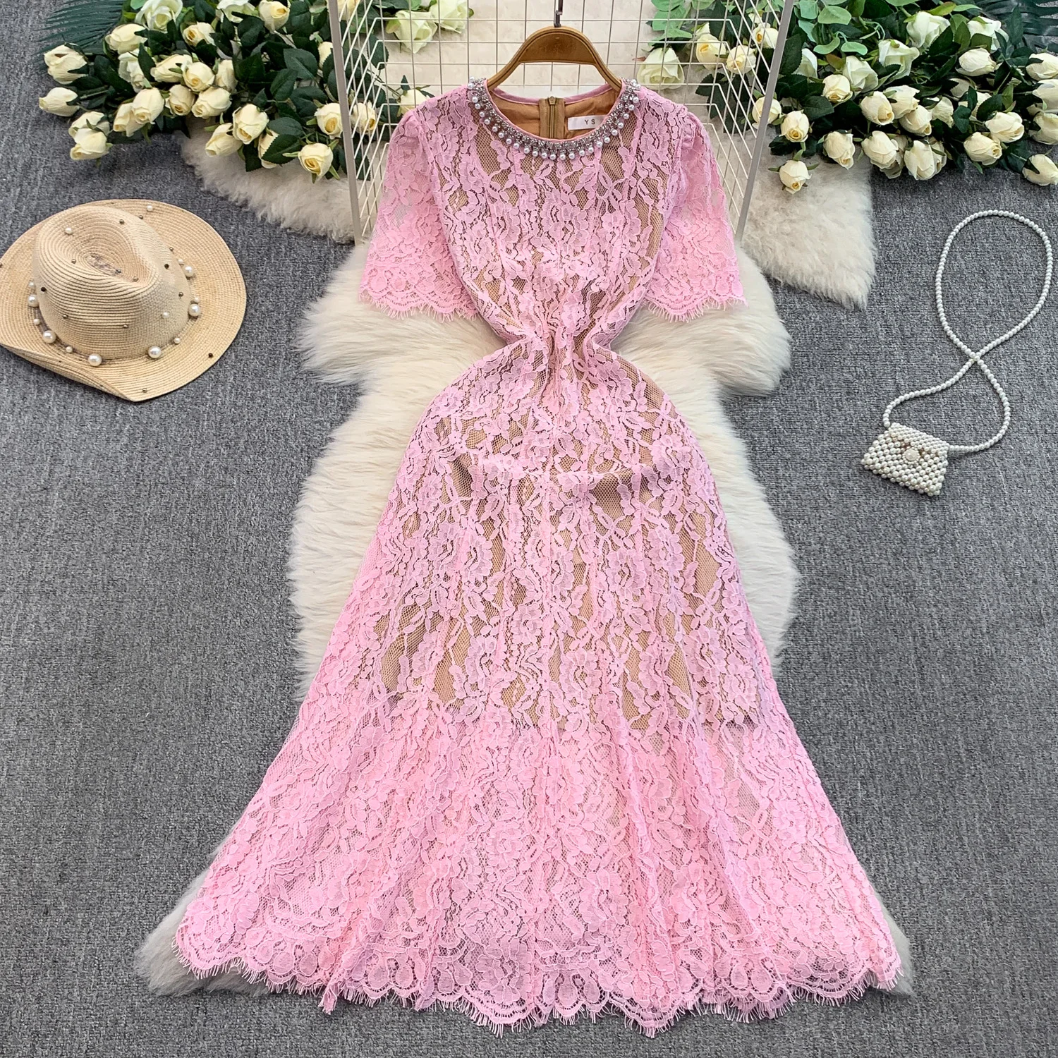 Abito vintage chic a maniche corte con perline Elegante fata moda coreana Boho Sundress abbigliamento donna