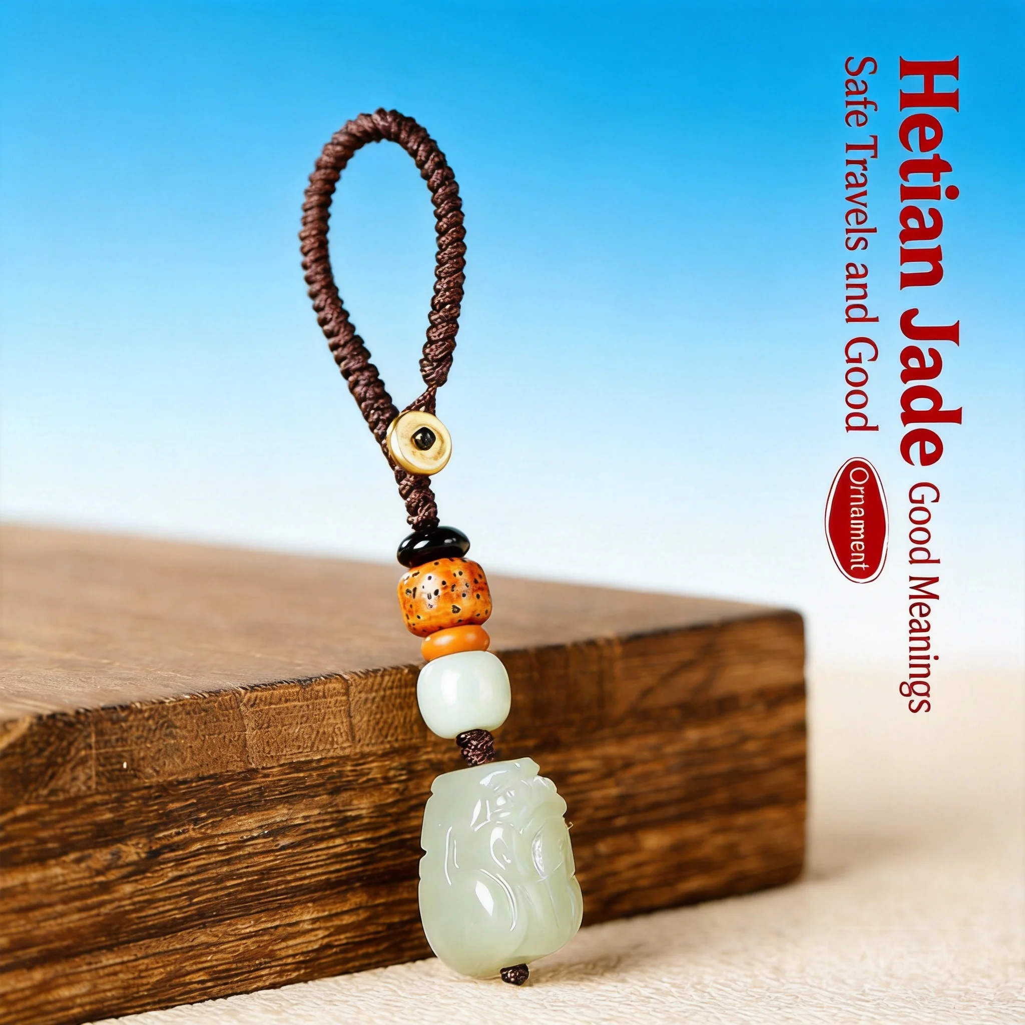 Natural Hetian Jade Pixiu Pendant Keychain Phone Lanyard Decoration Hand Woven Brown Cord With Bodhi Barrel Bead Classic Small