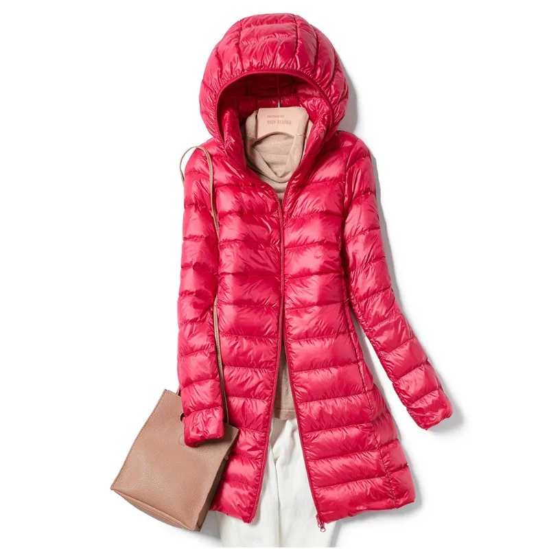 Autumn/Winter New Lightweight Thin Down Jacket for Women - Mid-Length, Form-Fitting, Hooded, Large Size Coat Women's Clothing