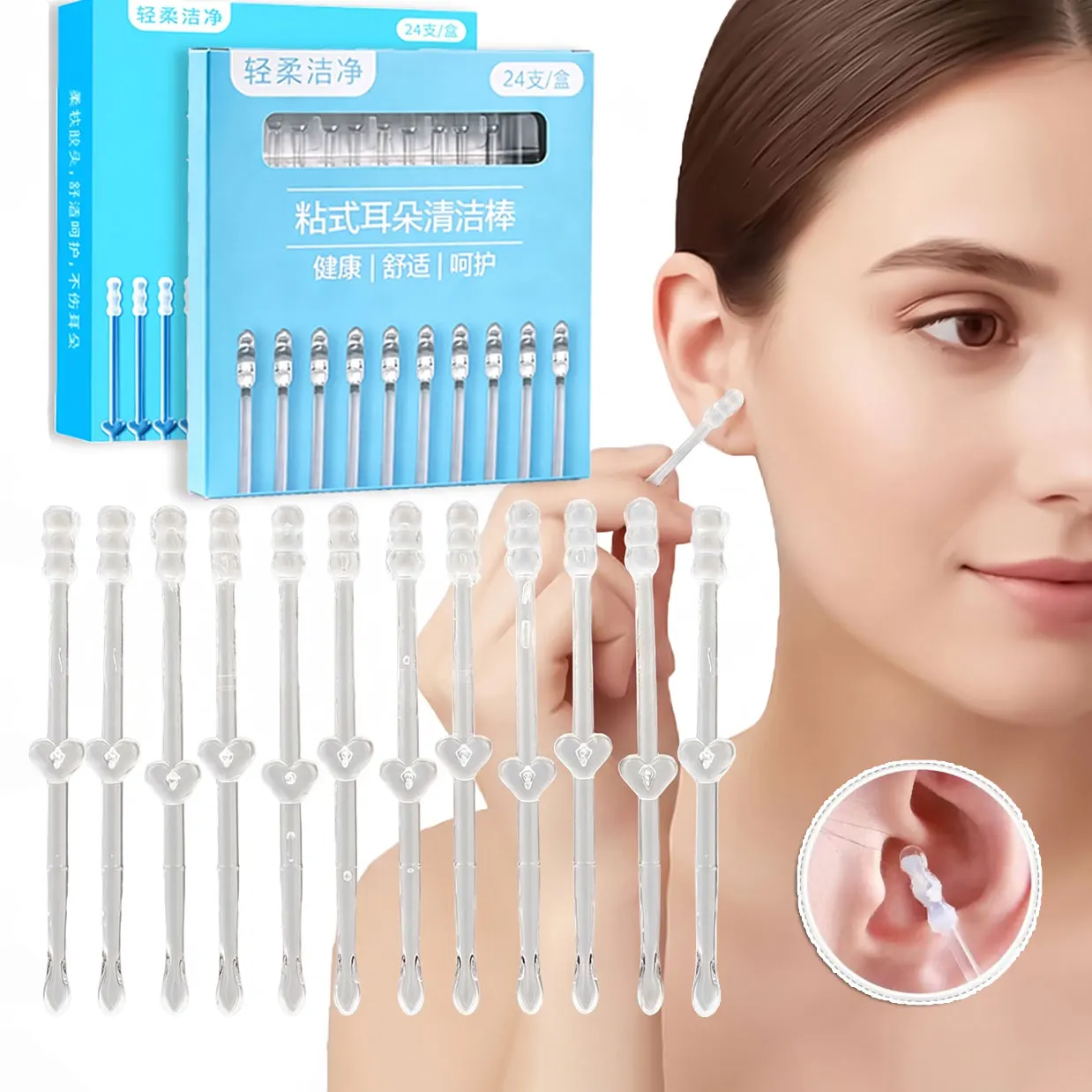 24Pcs/Box Earwax Removal Sticks Soft Rubber Tip Washable Sticky Reusable Ear Cleaning Tool Safe Comfortable Ear Care Tools