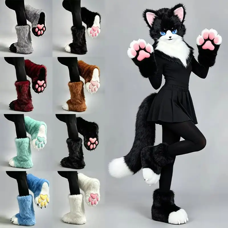 2026Fursuit Paw Boots Giant Wearable Accessories Plush Furry Cosplay Cat Bear Shoes Cute Fluffy Animal Claws Party Costume