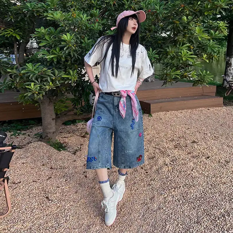 

Summer New Style Casual Cartoon Dog Embroidery Wide Leg Jeans High Waist Slim Fit Pants for plus Size Women Commute Style