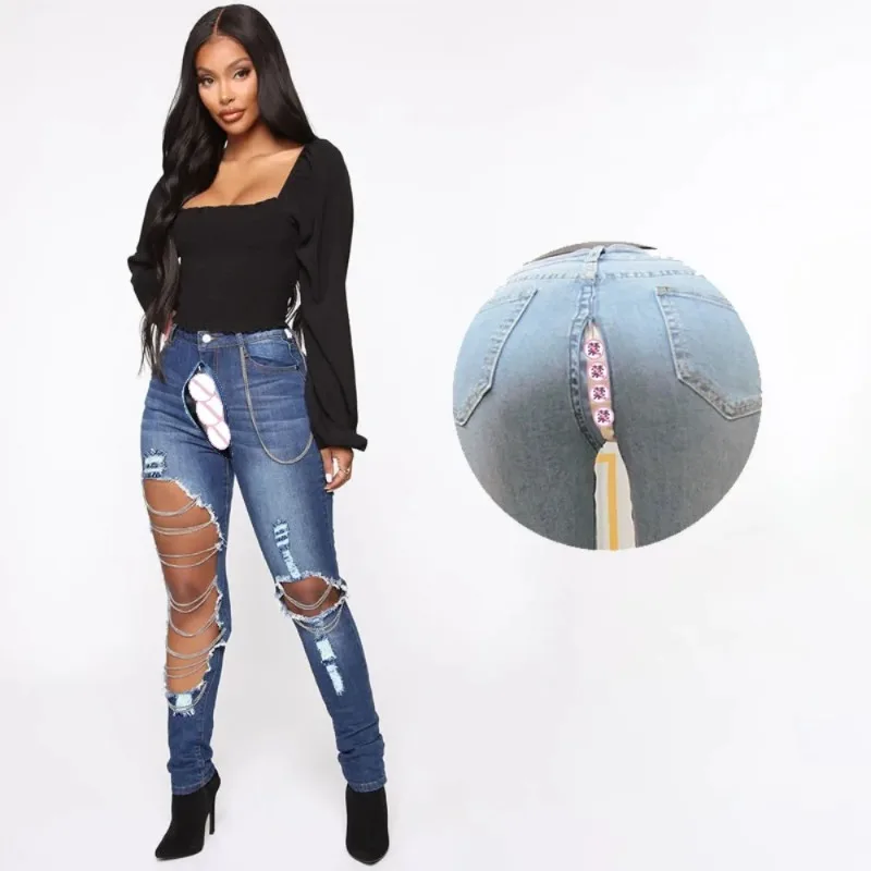 Outdoor Open Crotch Sex Pants Exotic Hotpants Women Boyfriend Ripped Jeans Peach Hip Denim Y2k Trousers Couple Casual Streetwear