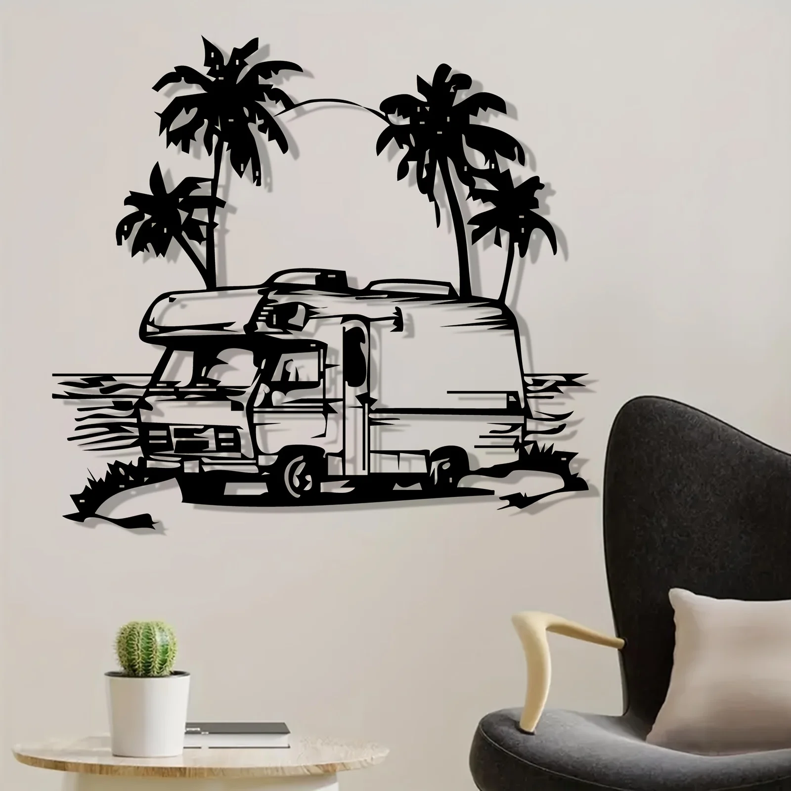1pc Campervan Palm Tree Metal Wall Art Weather Resistant Iron Wall Sculpture Outdoor Hanging Decor For Patio Garden Home RV Trop