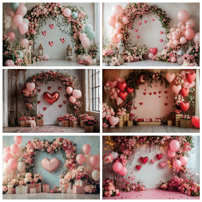 Happy Valentine's Day Photography Backdrop Pink Heart Shaped Balloon Rose Light Strip Proposal party Decoration  Background