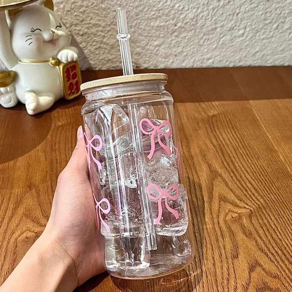 Transparenter Glasbecher, rosa Schleife, Blumenaufkleber, Getränkesaftbecher, geeignet für heiße und kalte Getränke, Fliege, Kunststoff-Strohbecher