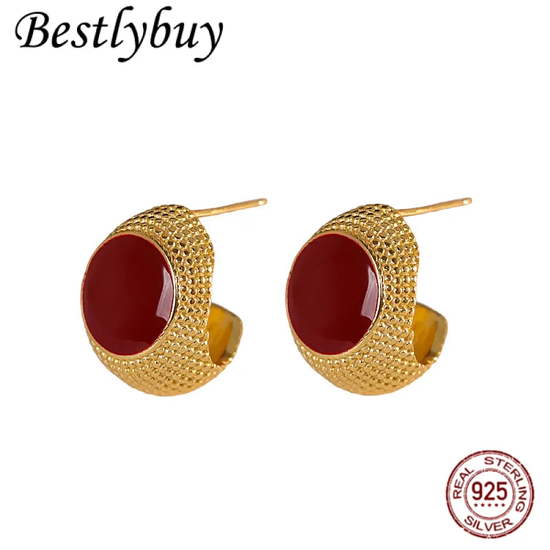 

NEW S925 Silver Plated Gold Wine Red Drop Glazed Oval Earrings Original Design by Women Cold Style Light Luxury Earrings