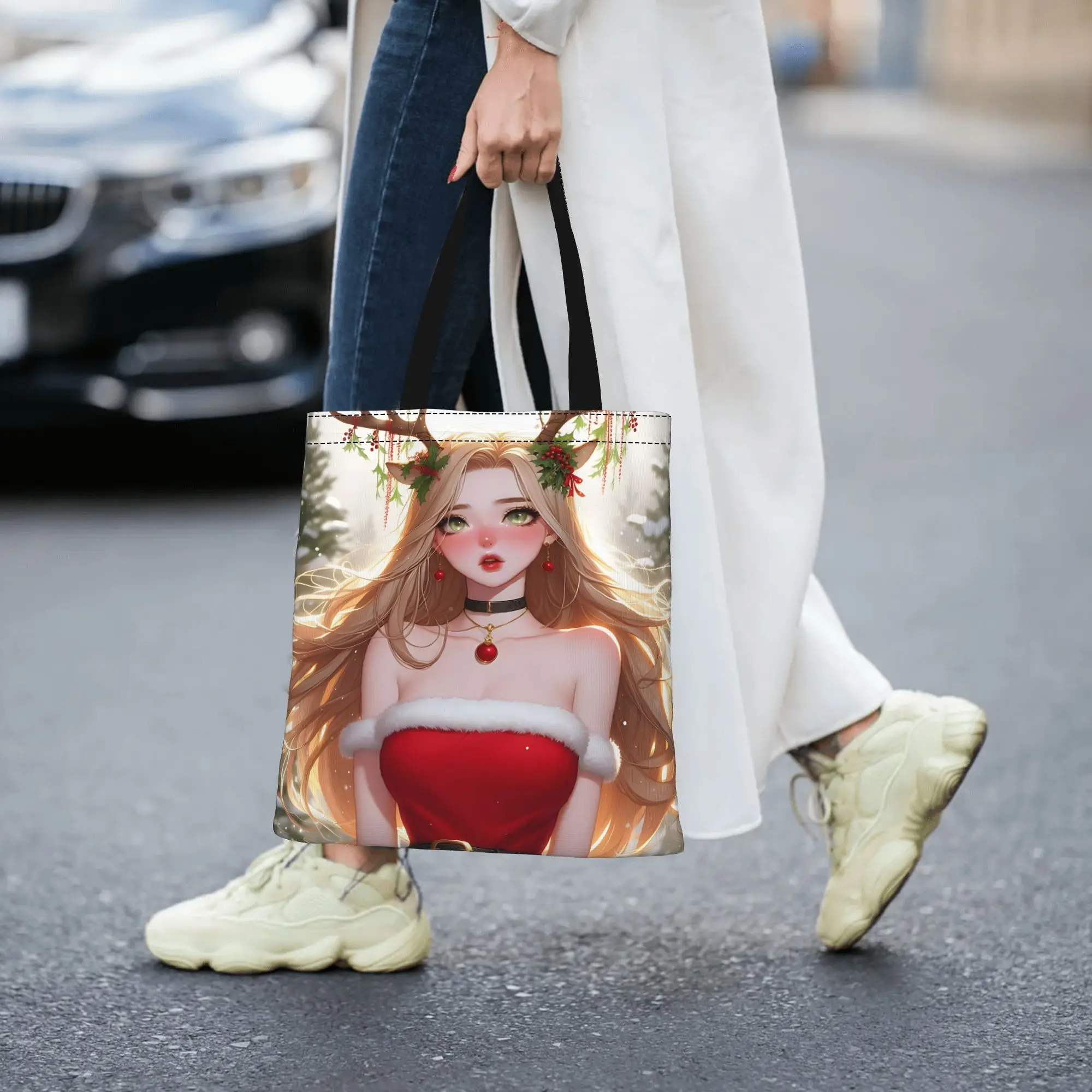 Bolso de moda para mujer, abrigo de piel, bolso de compras con estampado de anime y motivos navideños, bolso de lona, bolso de mano para mujer, bolso de hombro, diseño navideño.