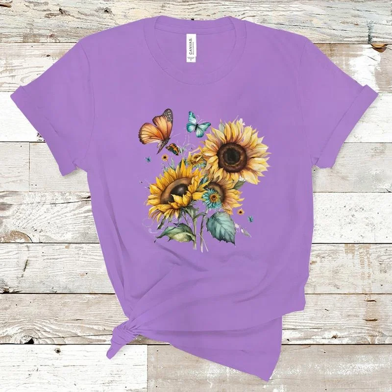 Sunflower Butterfly Pattern Printed T-Shirt Women's Fashion Casual Sunflower Shirt Summer Women's Round Neck Short Sleeve Shirt