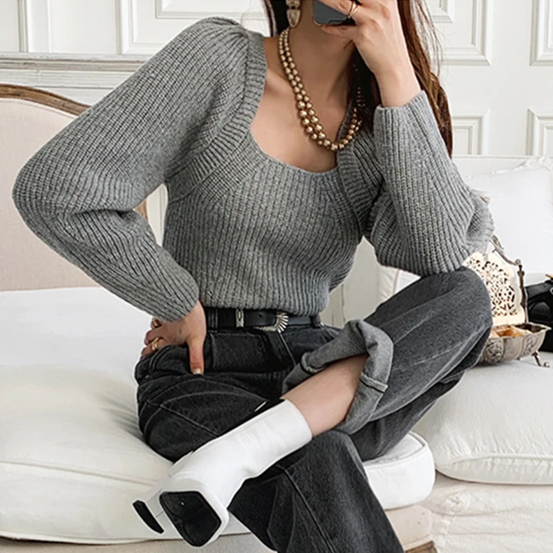 Casual Square Collar Loose Soft Sweater Winter 2024 Women Minimalist Pure Color Long-sleeved Pullover Grey Warm Knitted Sweater