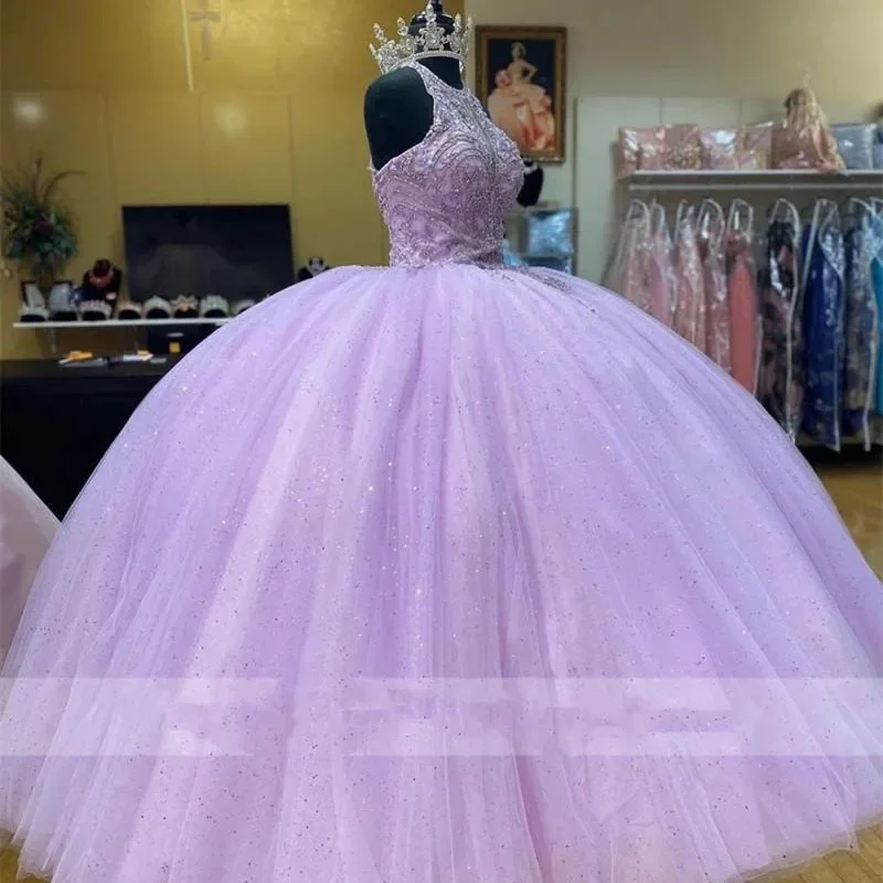 Angelsbridep Lilac Ball Gown Quinceanera Dresses Halter Beads Shiny Sequind Floor Length Sweet 16 Dress vestidos De 15 Años