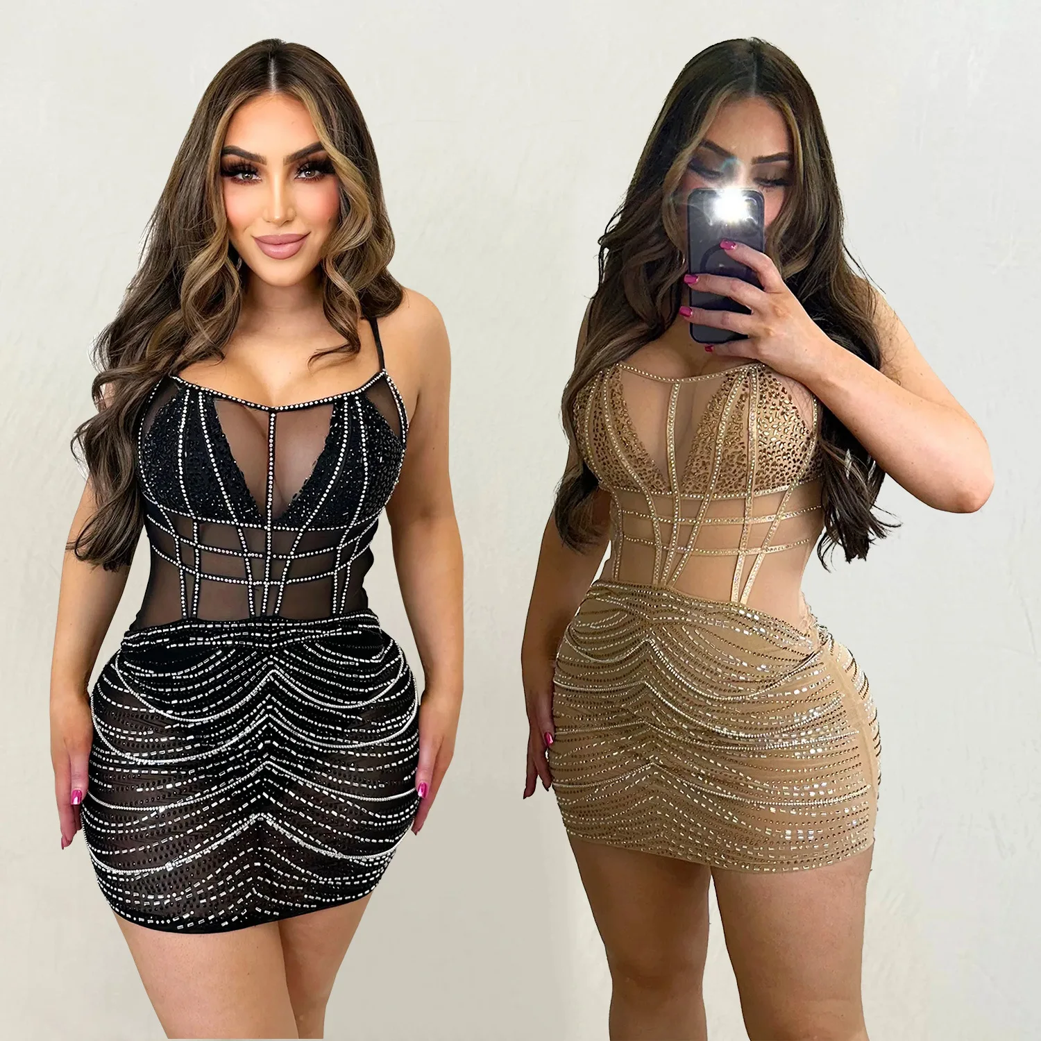

Camisole Wrap Buttocks Dress Party Dresses Sexy Women Sleeveless Slim Fit Sheath Diamonds Knee Length Dress Spliced Summer