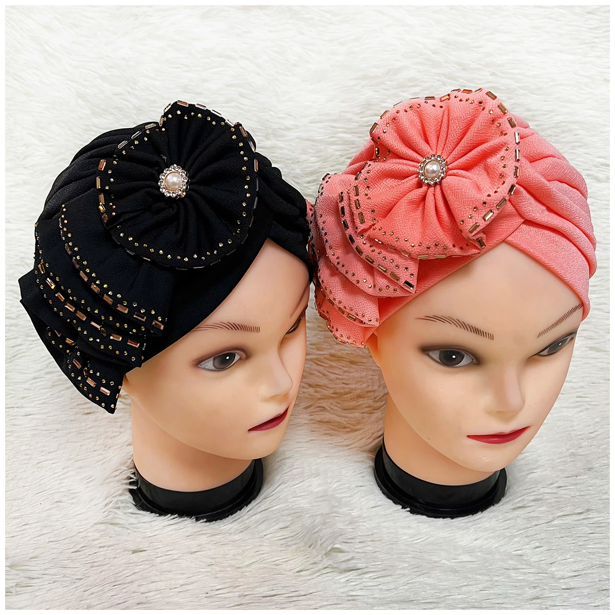 6/12 Pieces Fashion Muslim Female Turban Hat Bonnet Gold Velvet Hot Rhinestone Solid Indian Beanie Hair Bonnets Cap For Women