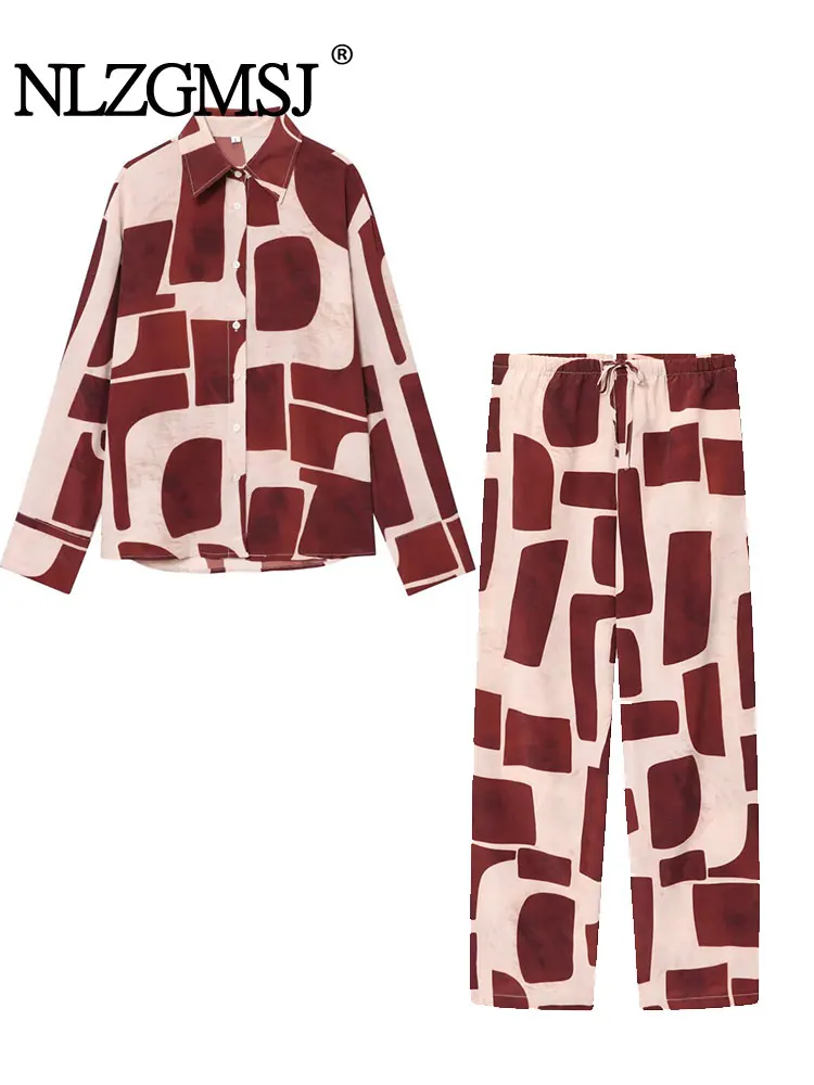 

NLZGMSJ Комплекты широких брюк с эластичной резинкой на талии для женщин, комплект из 2 предметов, свободная рубашка с геометрическим принтом, топ, новые повседневные женские комплекты