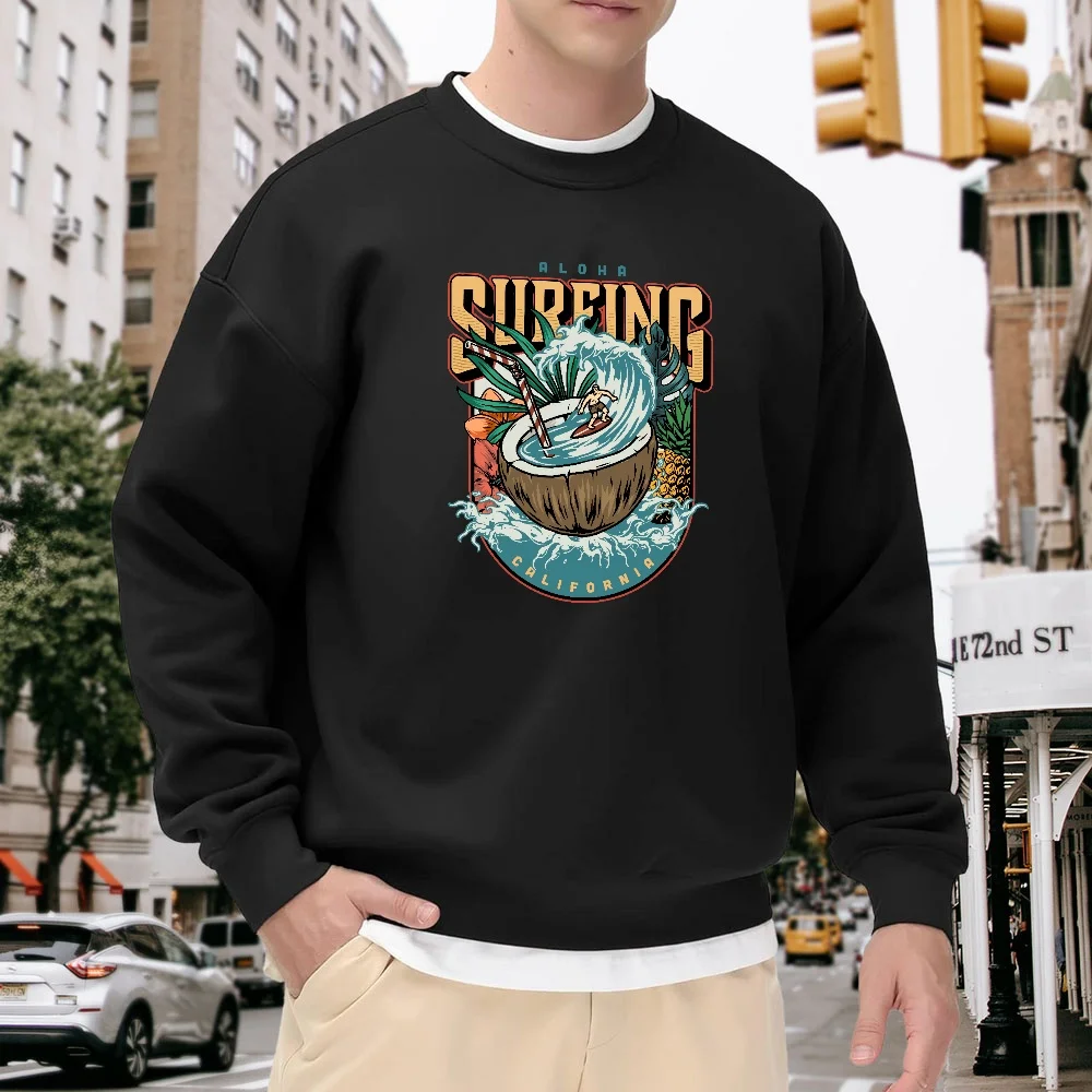

Men's Black Crew Neck Sweatshirt, Vintage Surf Coconut Print Loose Top, Street Casual Versatile, Comfortable and Breathable Polyester Fabric for Everyday Wear