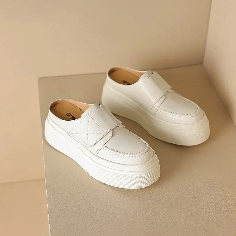 Krazing Pot Mules Full Grain Leather Summer Slip On Round Toe Flat Platform Silver Color Women Fashion Leisure Outside Slippers