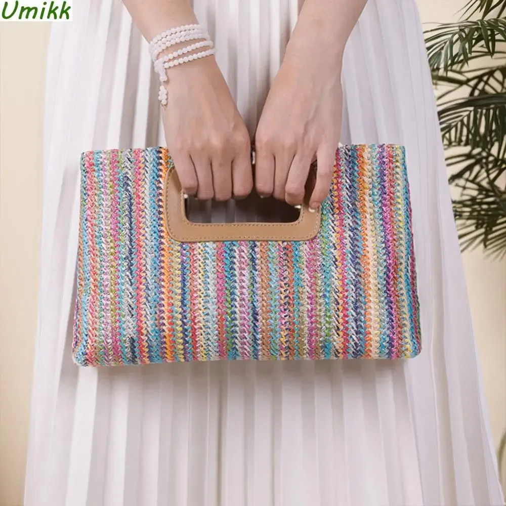 Women Straw Woven Bag Top Handle Clutch Bag Chain Strap Weaving Tote Bag Hasp Closure Simple Shoulder Purse Summer Vacation Tote