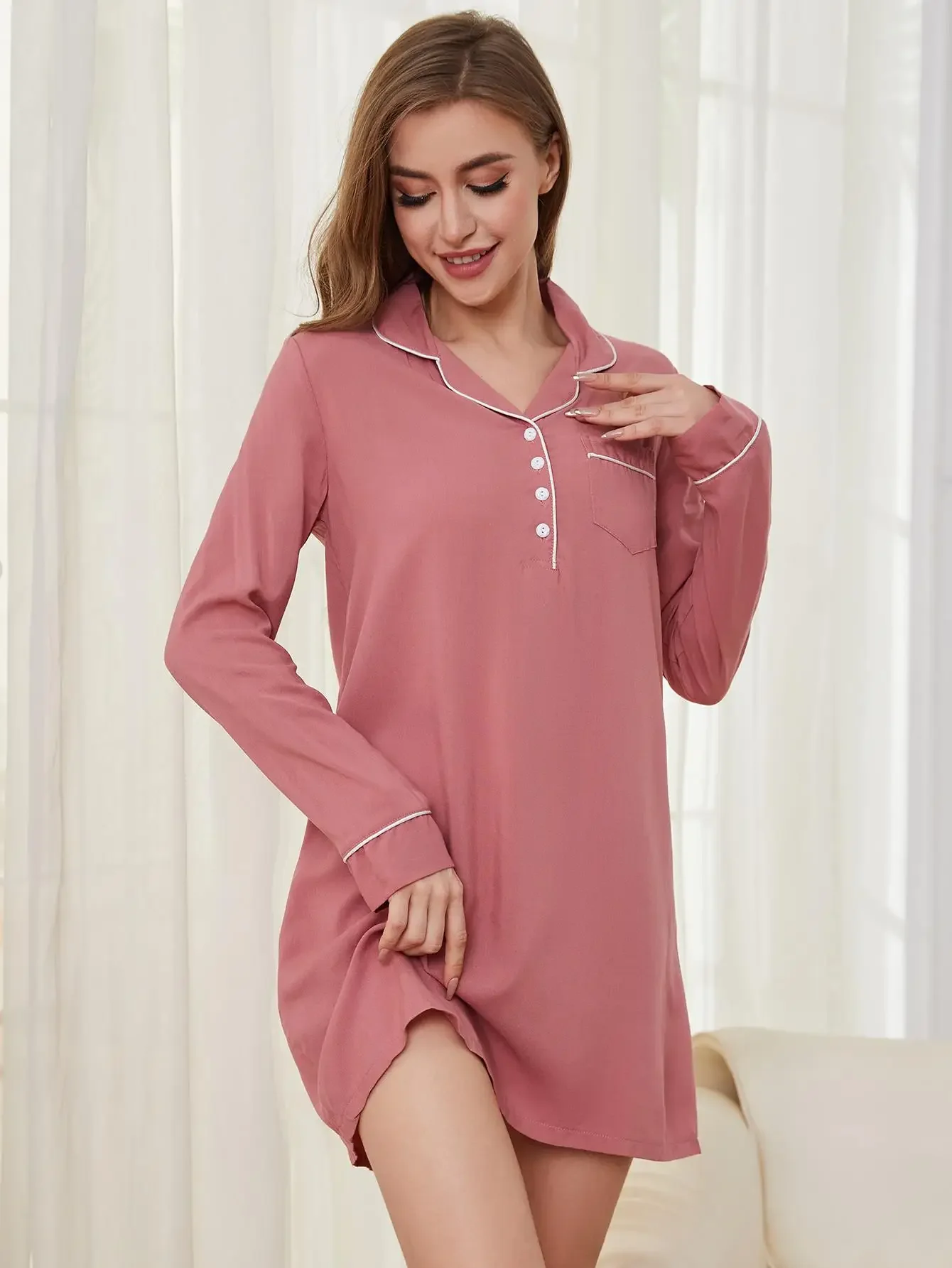 Front Button Women Nightgown Notched Turn Down Collar Sleepdress Long Sleeves Nightdress Female Spring Sleepwear Pajamas Dress