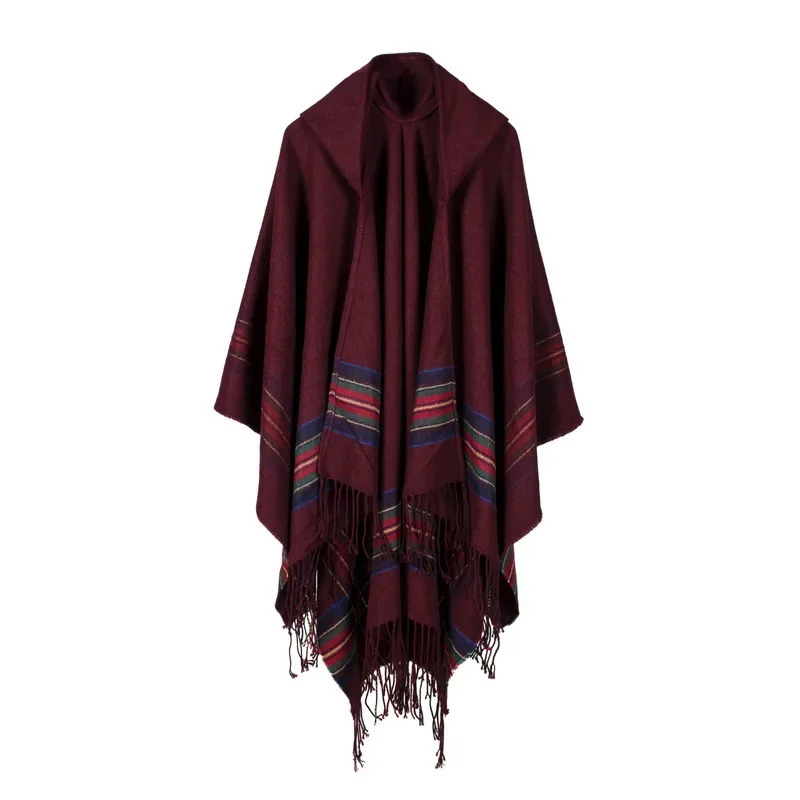 

Autumn Winter Women Imitation Cashmere Jacquard Shawl Can Wear Warm Lengthened Fashionable Hooded Cloak Ponchos Capes Red