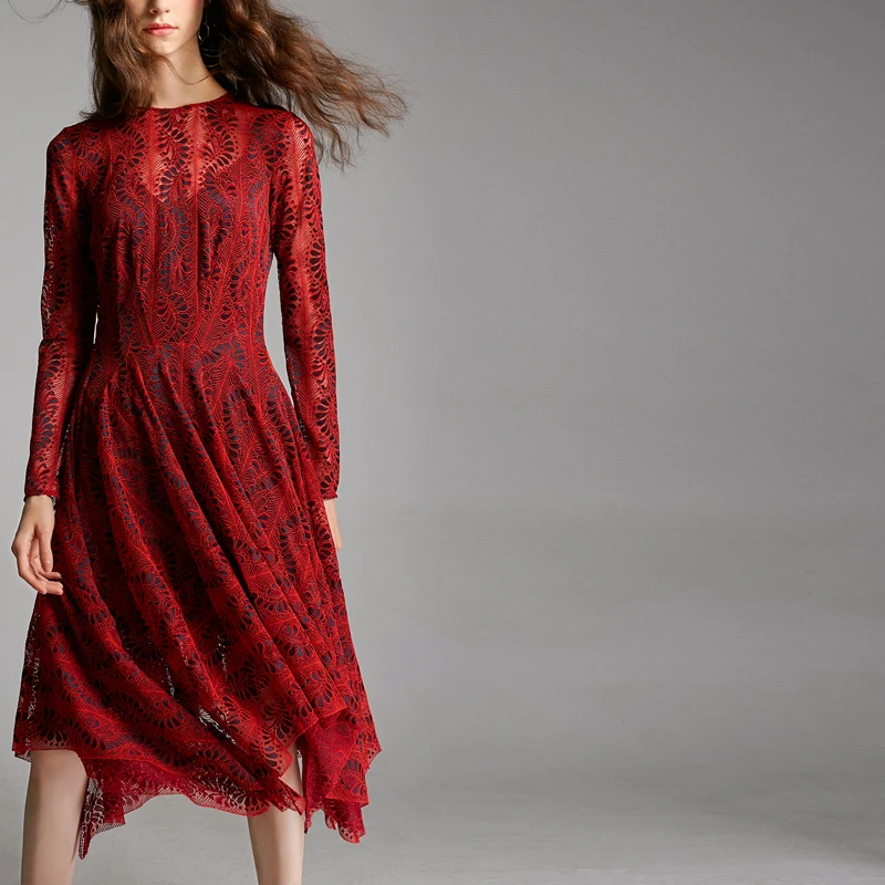 Vestido de encaje calado con estilo exótico, dobladillo Irregular, mezcla de aodón y seda, moda de otoño, vestido de mujer ...