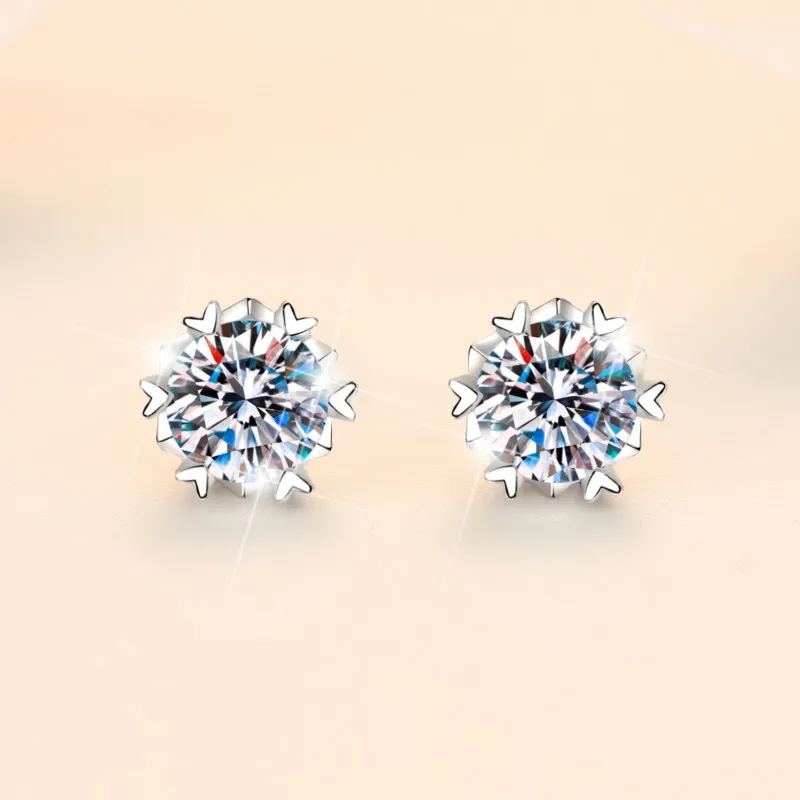 100% Moissanite Stud Earrings 0.3-2CT Platinum Plated Sterling Silver Diamond Snowflake Ear Studs For Women Fine Jewelry