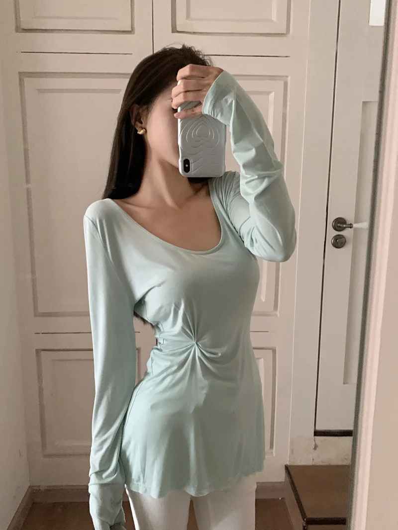 

2023 Summer V-Neck Long Sleeve Woman T-shirt Loose Slim Waist Sunscreen Cover Thin Long Top Female Clothes Lady Tops Tees Green