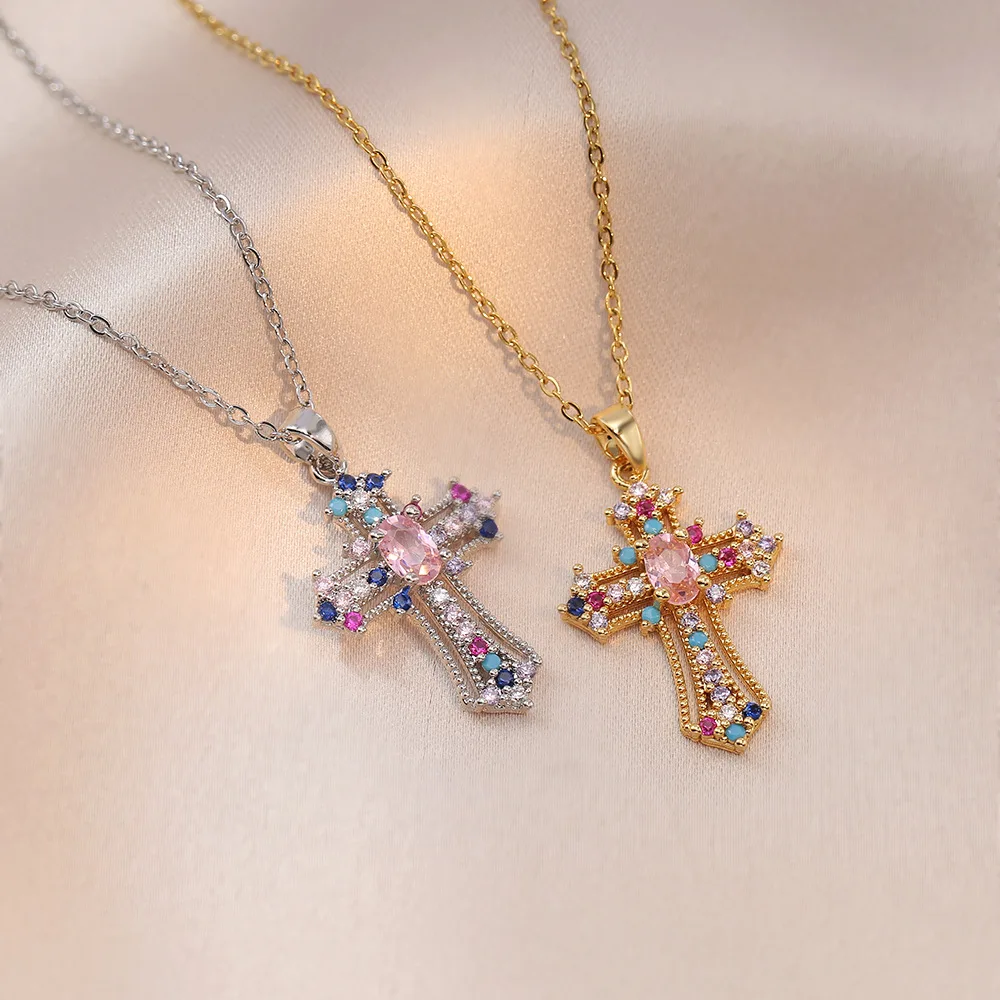 Y2K Style Jewelry Necklace Set with Colorful Round Small Rhinestones and Pink Drop-shaped Large Rhinestone Cross Necklace