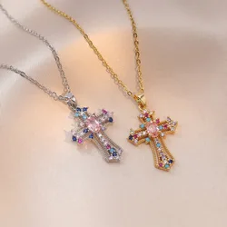 Y2K Style Jewelry Necklace Set with Colorful Round Small Rhinestones and Pink Drop-shaped Large Rhinestone Cross Necklace