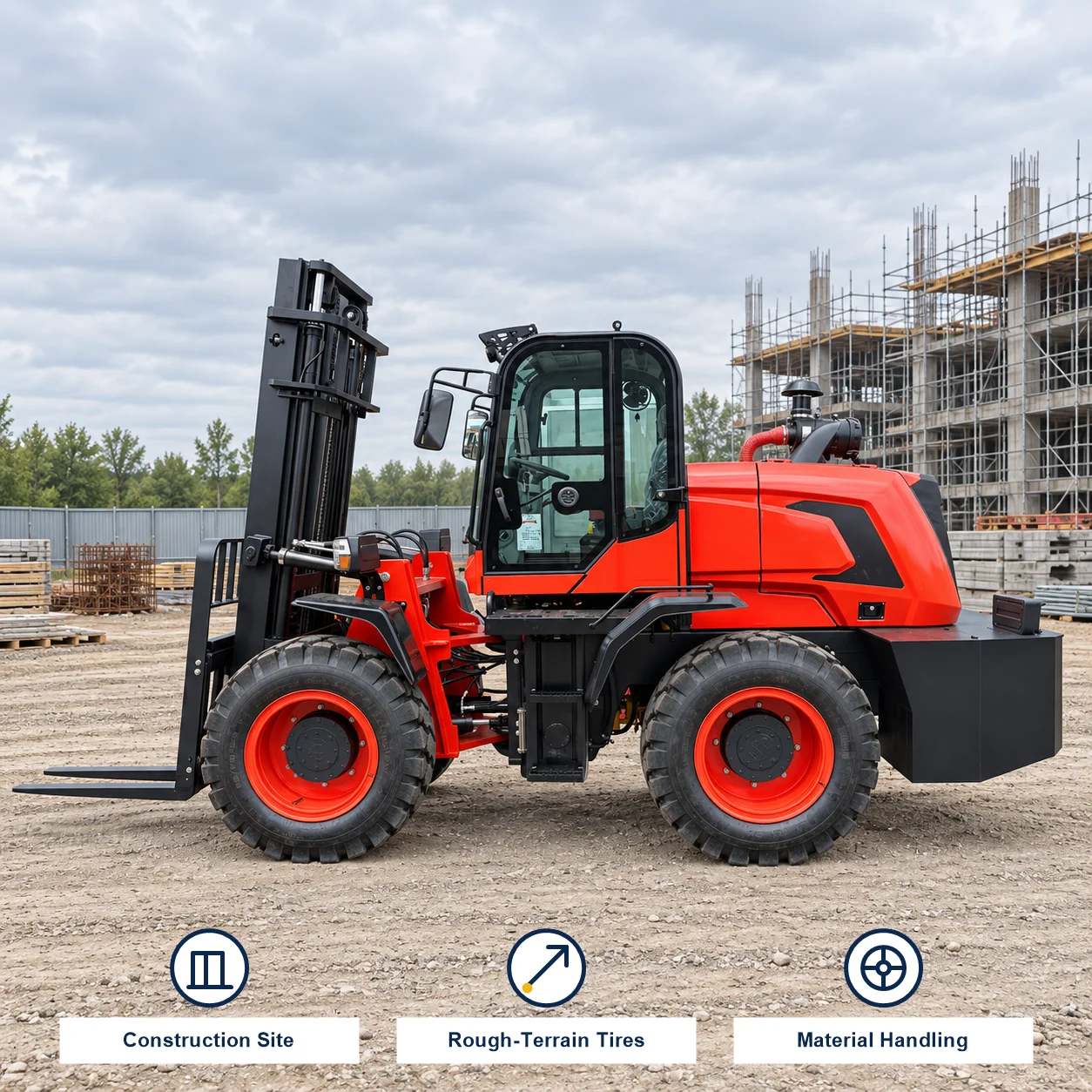 Rough Terrain Forklift for Moving Palletized Irrigation Equipment and Unloading Farm Deliveries on Unpaved Ground