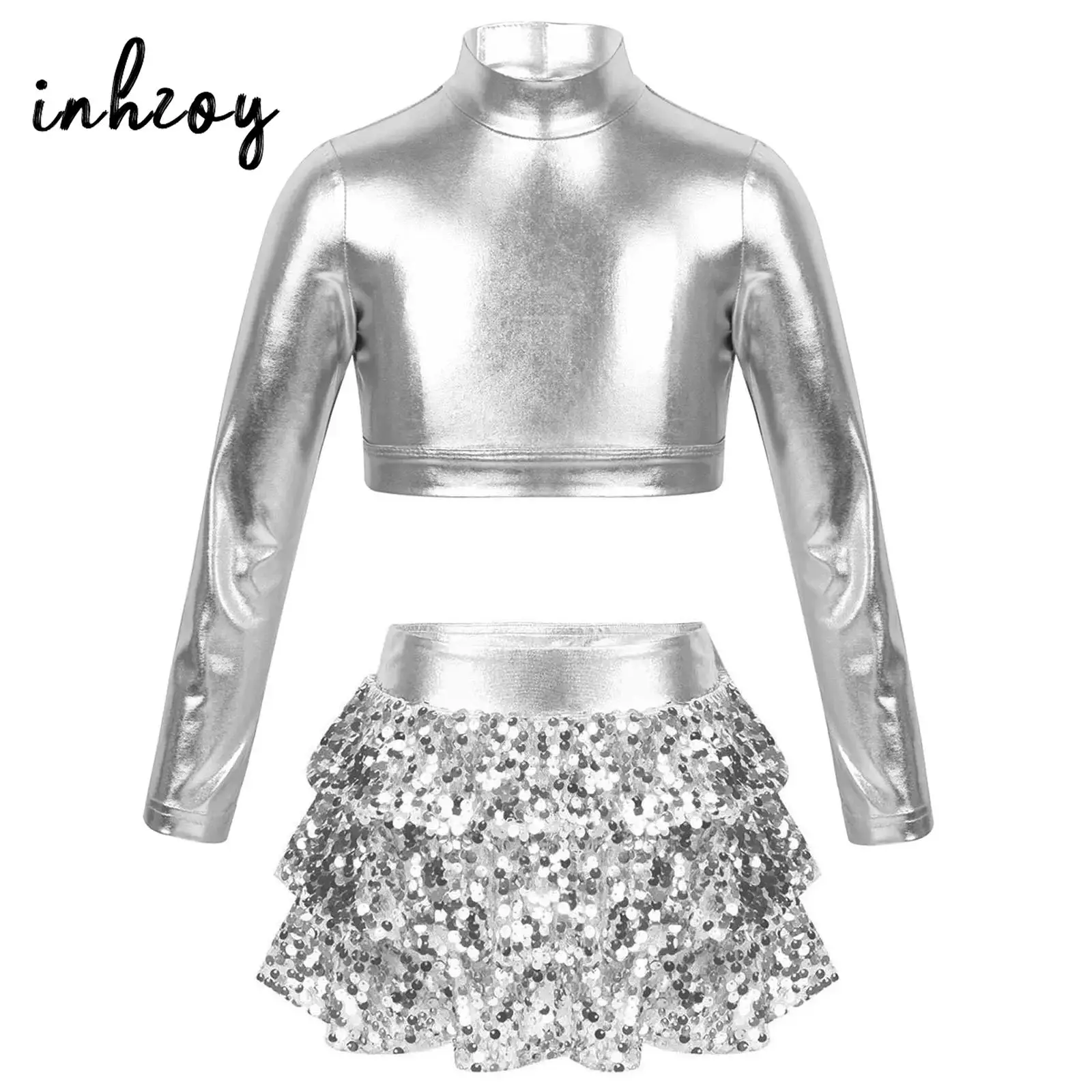 Kids Girls Shiny Modern Hip Hop Jazz Dance Outfit Stage Performance Costume Metallic Crop Top with Sequins Tiered Skirt Culottes