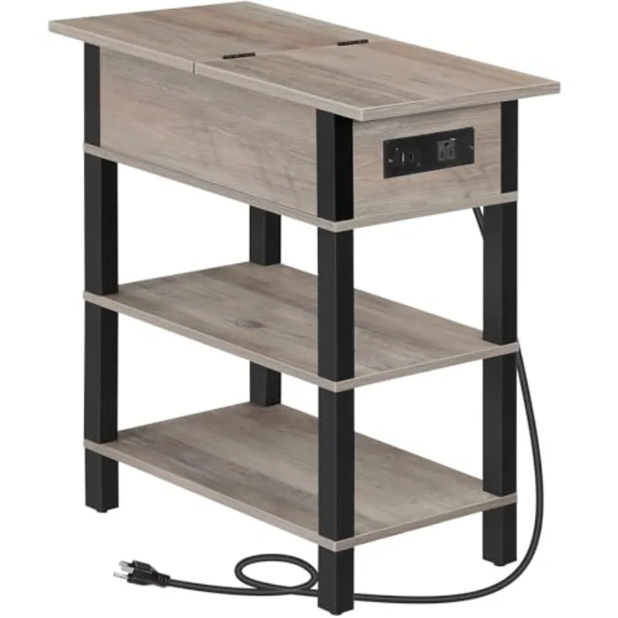 

End Table with Charging Station Flip Top USB Ports Narrow Nightstand with Storage Shelves Greige and Black Space-Saving Bedside