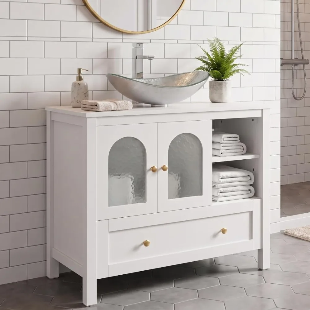 36'' Bathroom Vanity with Sink, White Freestanding Vanity Sink Cabinet with Drawer and Water Ripple Doors, Modern
