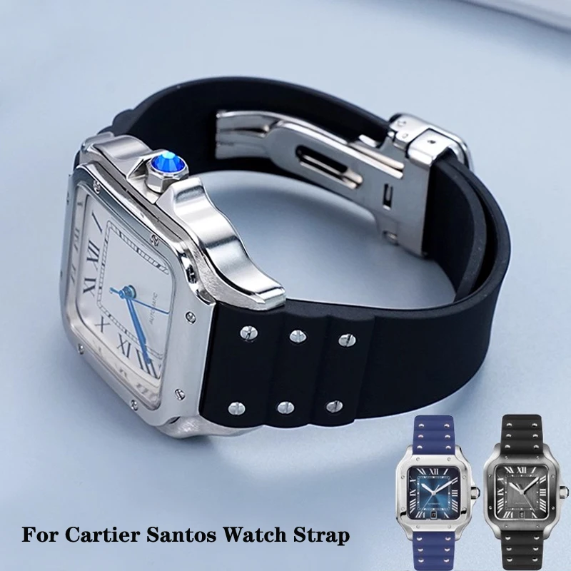 For Cartier Santos strap Silicone bracelet Premium-Grade Rubber watchband for Waterproof rubber band 21mm black blue wristband