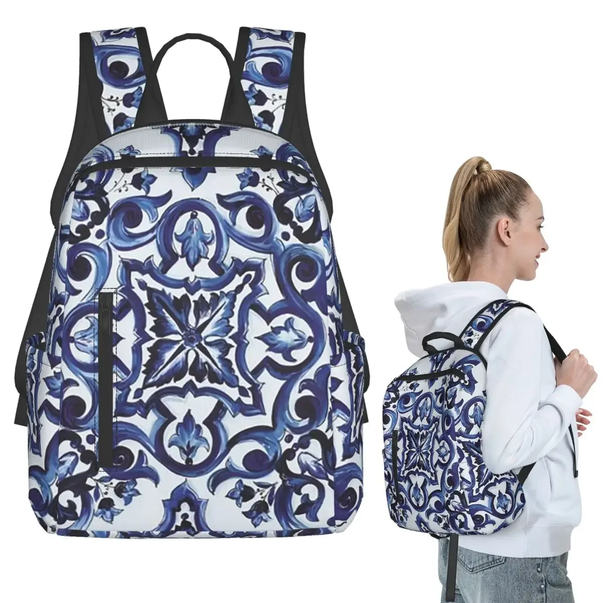 Blue Ornate Floral Mediterranean Sicilian Tile Backpack Student BookBag Children School Bag Laptop Shoulder Bags Boys Girls