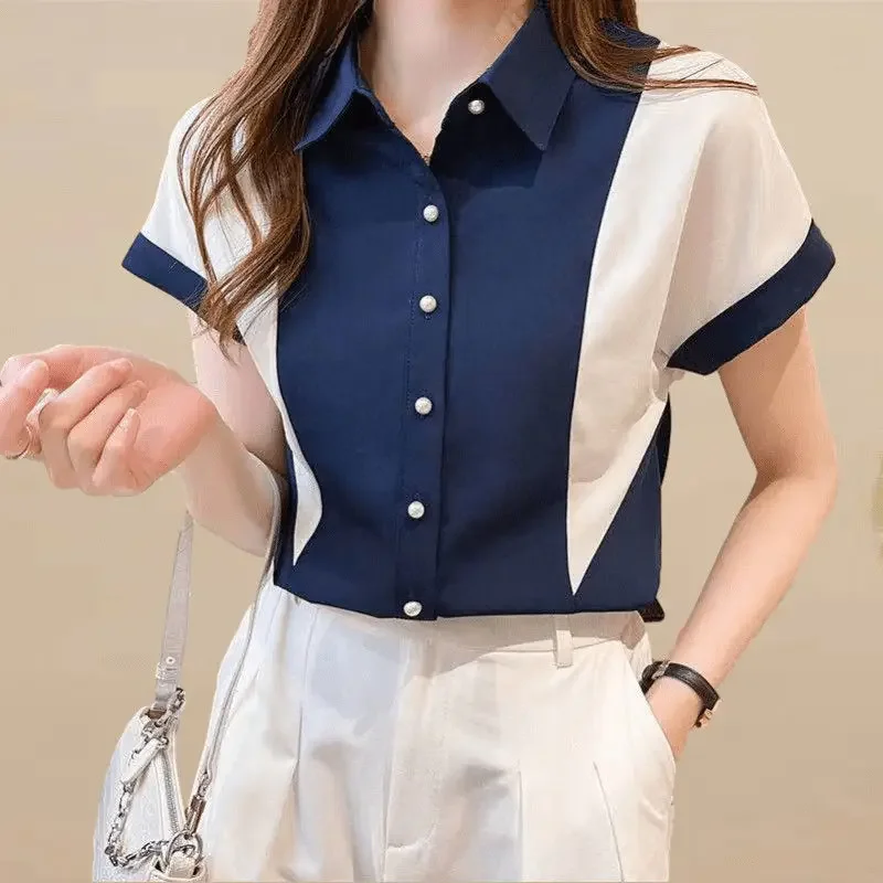 

Fashion Lapel Spliced Raglan Sleeve Plus Size Chiffon Blouse Summer New Commute Tops Loose Female Clothing Casual Shirt X640