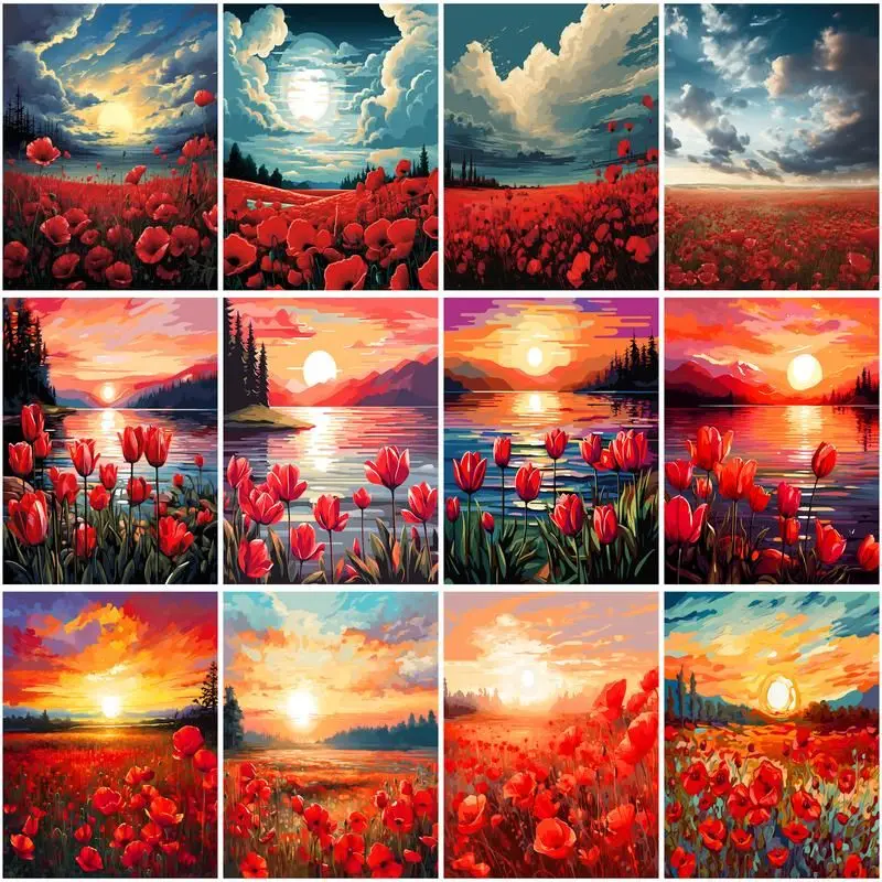 

CHENISTORY Coloring By Number Red Flower For Adults Kids DIY Frame Oil Painting By Numbers Drawing On Canvas Home Decoration