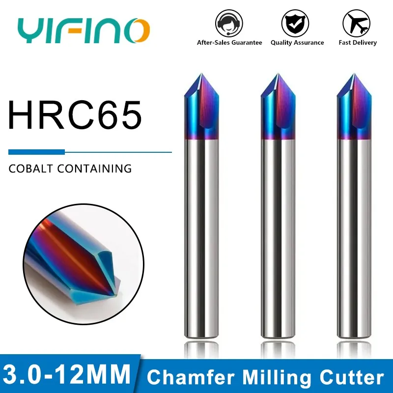 YIFINO HRC65 60/90/120° Endmills Tungsten Steel Carbide Blue Nano Coating Chamfer Milling Cutter For CNC Machining Tools