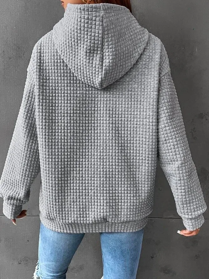 Women's Thick Waffle Knit Crew Neck Sweatshirt with Pocket – Solid Color Hip Length Winter Hoodie for Women's Winter Clothing