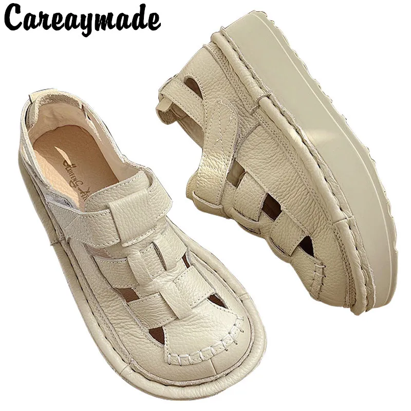 Careaymade-sandały z prawdziwej skóry, artystyczne brzydkie śliczne duża główka buty grube podeszwie muffin podeszwie buty damskie tkane buty rzymskie