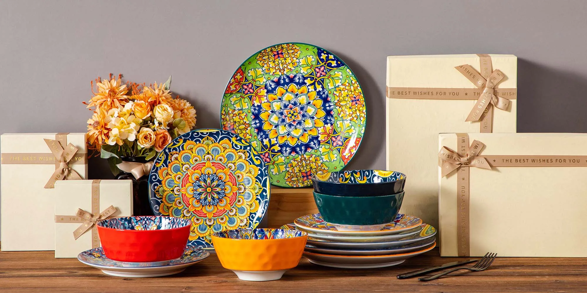 Vancasso 12/24 Piece New Bohemian Ceramic Dinnerware Plates Porcelain Plates Dinner Set with 4pcs Dinner Plate/Dessert/Bowl