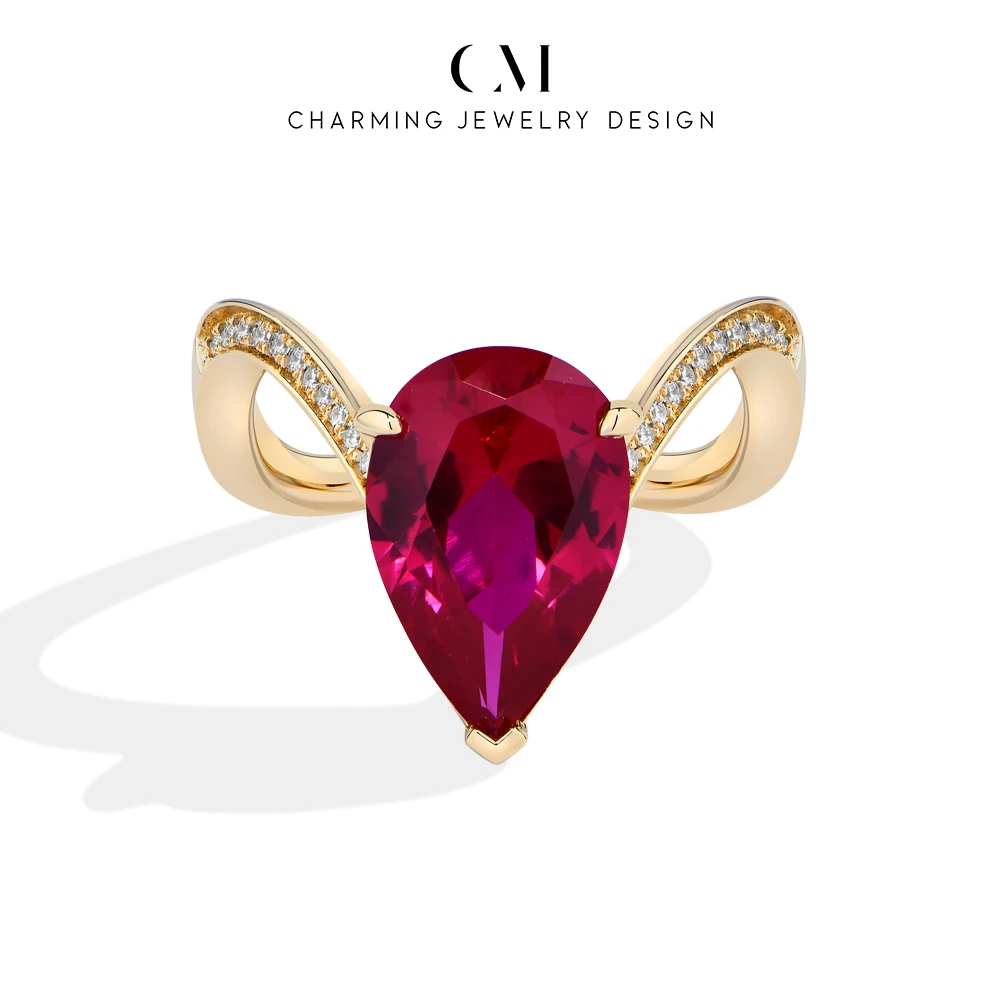 CHARMING Gorgeous Pear cut 6CT Lab Ruby Sapphire Cocktail Ring Curved band for Women Party Birthday Gifts Anniversary Engagement