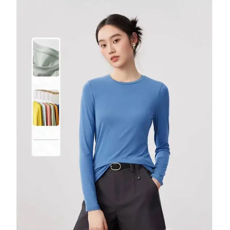 Women Long Sleeve DP Thread T-shirts Spring Autumn Anti-static Smooth Knitted Solid Color Basic Soft Bottoming T-shirts Tops