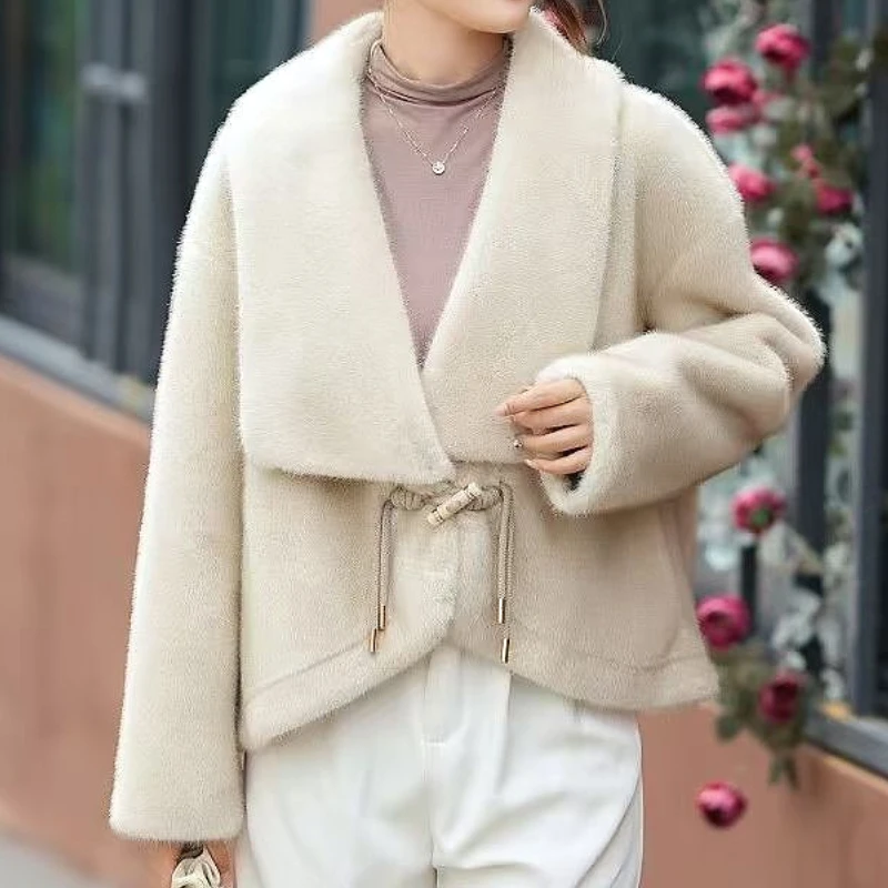 

Женские пальто из искусственного норкового меха, однотонные короткие куртки с отложным воротником и длинным рукавом, на шнуровке, толстые, свободные, элегантные, повседневные, осень-зима 2025