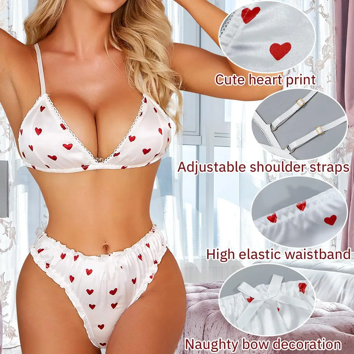 Women\'s Lingerie Sets Cute Heart Print Satin Bras and Knickers Sexy  Bralettes Panties White Outfits Babydoll 2 Piece Nightwear