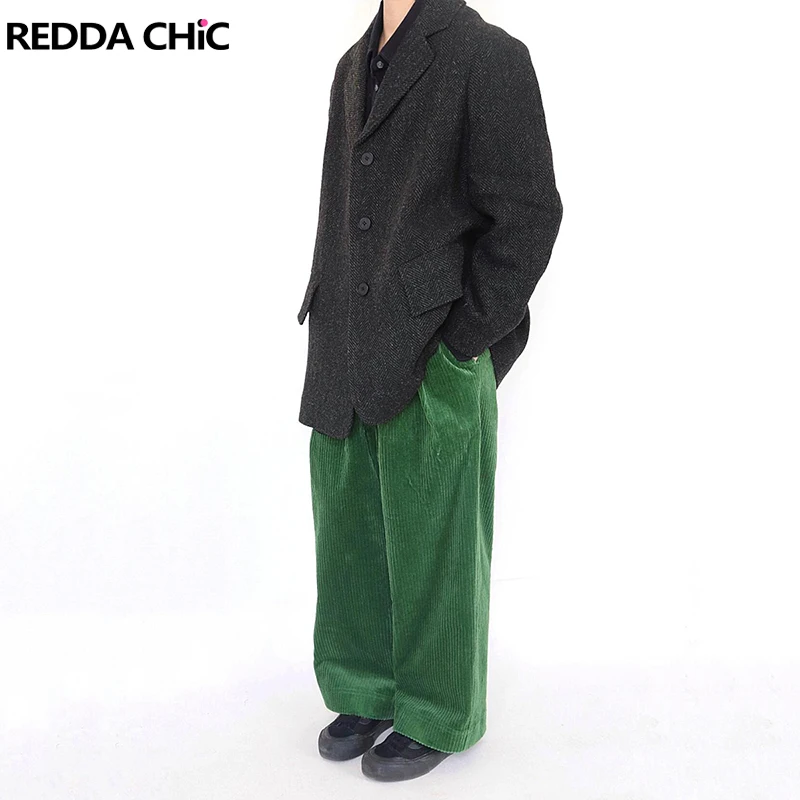 

REDDACHIC Men Green Vintage Corduroy Pants Holiday Casual High Rise Plain Slacks Wide Leg Striped Trousers Autumn Winter Clothes