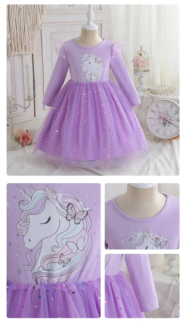 2024 Spring Summer Baby Girl Long Sleeve Princess Dress New Kid Cartoon Unicorn Party Costume Outfits Children Clothing Vestidos