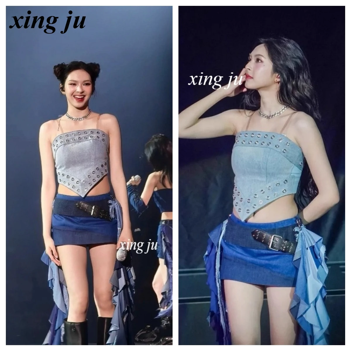

Group Performance Blue Strapless Denim Short Tops Women Singer Jazz Dance Costume Nightclub Stage Irregular Skirt Kpop Outfits